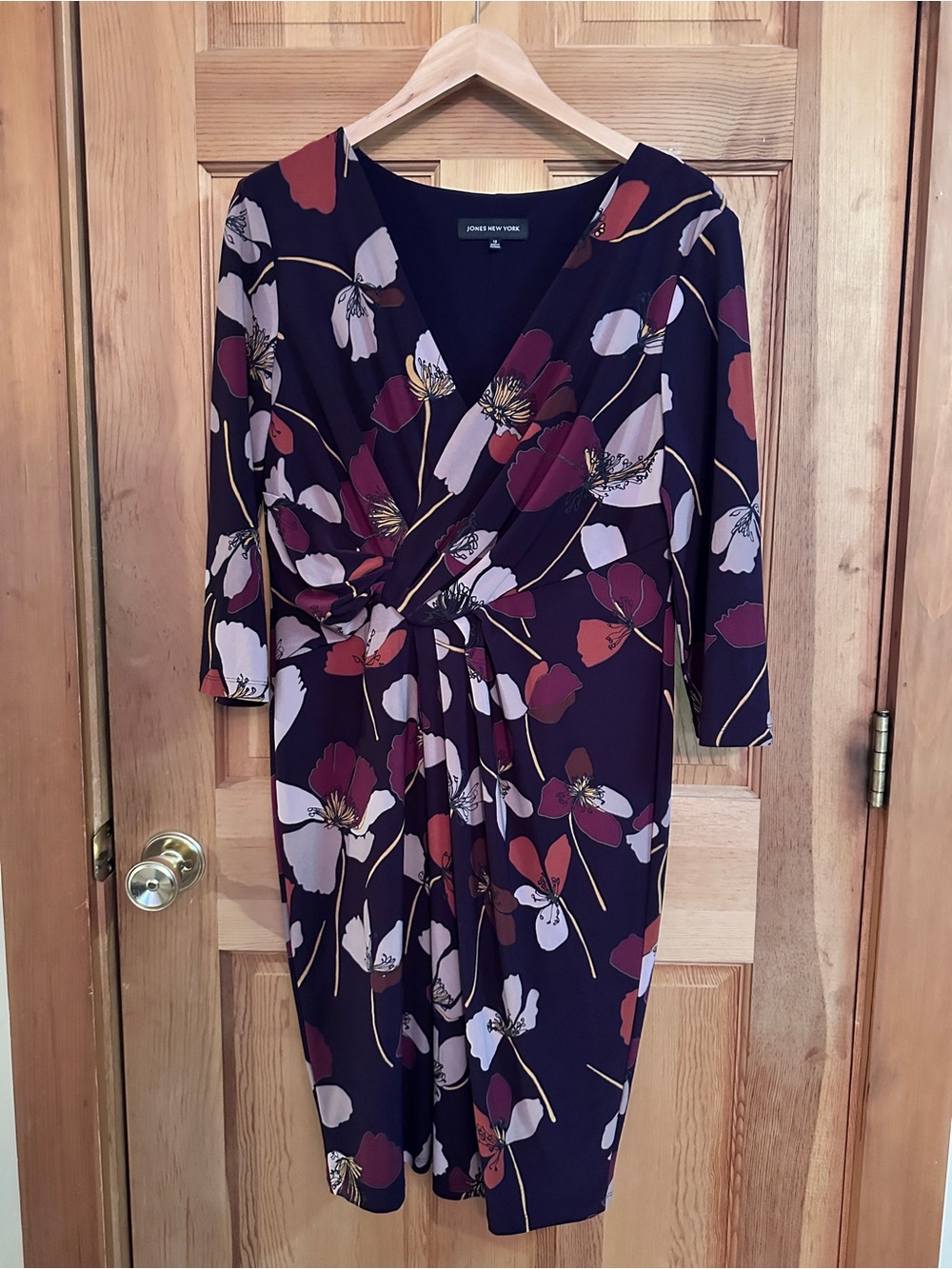 Jones New York Deep Purple Floral Wrap-Style Long Sleeve Dress Size 12